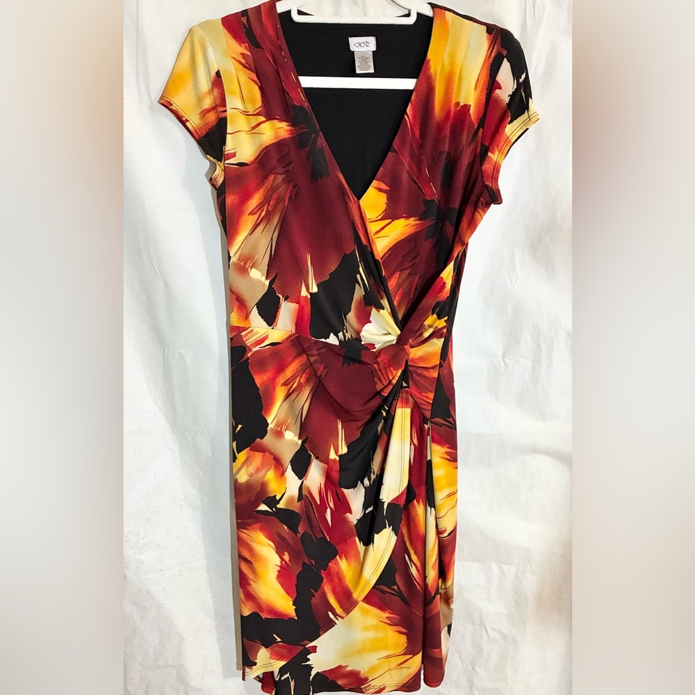 Cache Sunset 90s Y2K Dress Sz L faux Wrap Art to Wear Fitted Spandex Stretchy
